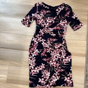Connected Apparel Floral Midi Dress in Navy and Pink